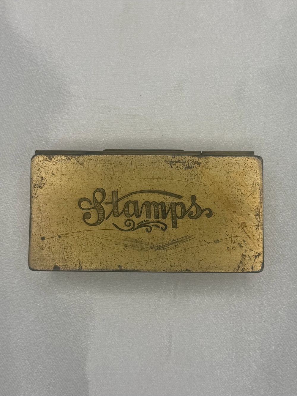 Vintage Brass Stamp Box Hinged Lid Desk Organizer